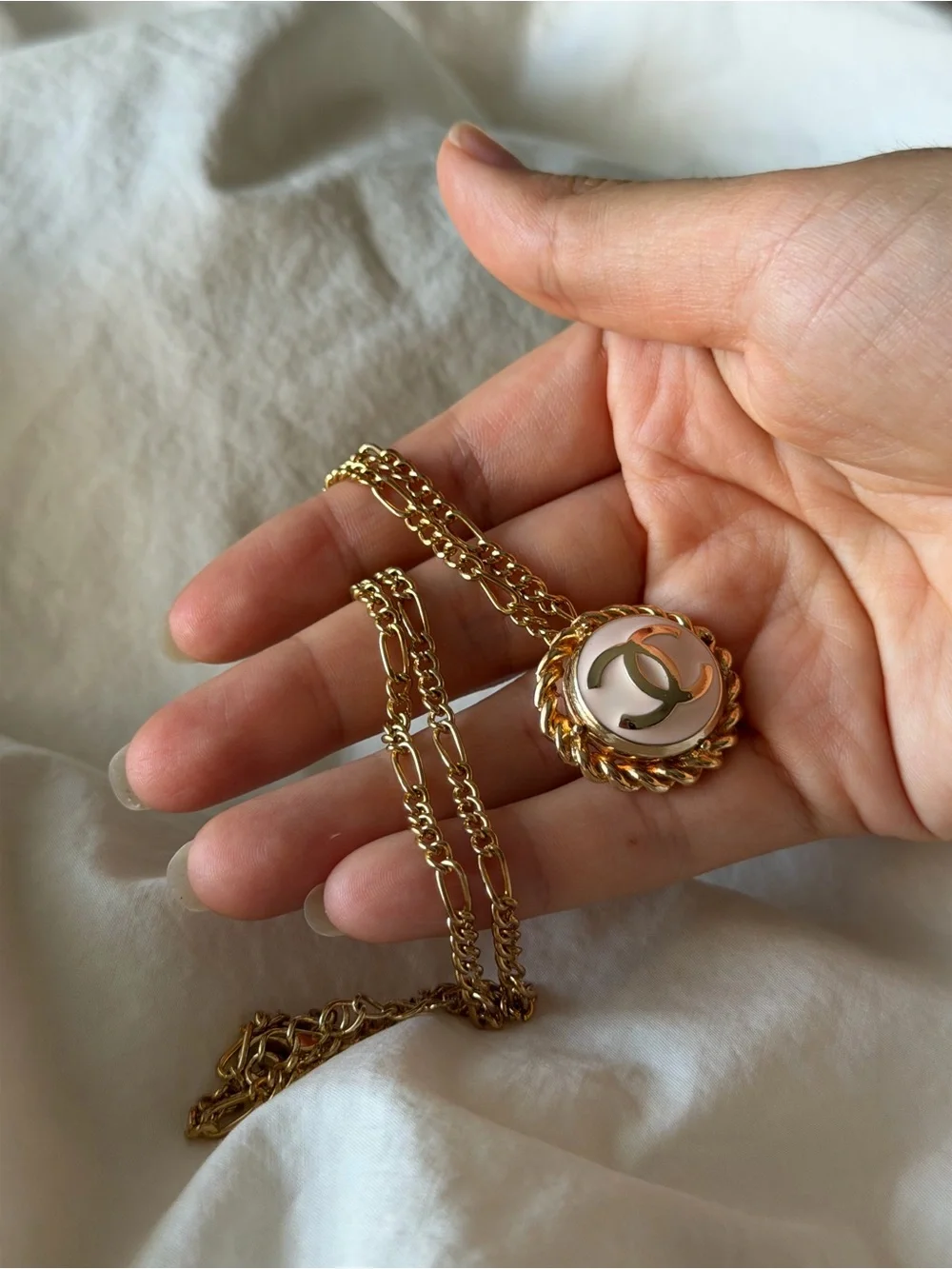 CHANEL Gold-Tone Necklace with Pink Enamel Double C Medallion
